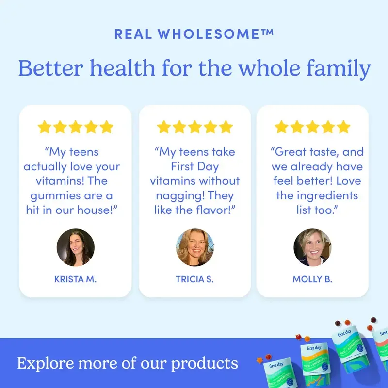 First Day Teens Age 13-17 Multivitamin Gummies - Organic Fruit & Veggie Blend + Vitamins A, B1, B2, B6, E, B12, C, D3 & K2, Zinc & Folate Teen Boy and Teen Girl Gummies Supplement - Organic Multivitamin Gummies for Teens