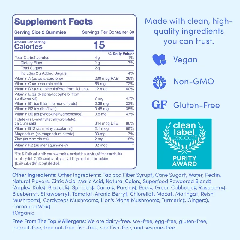 First Day Teens Age 13-17 Multivitamin Gummies - Organic Fruit & Veggie Blend + Vitamins A, B1, B2, B6, E, B12, C, D3 & K2, Zinc & Folate Teen Boy and Teen Girl Gummies Supplement - Organic Multivitamin Gummies for Teens