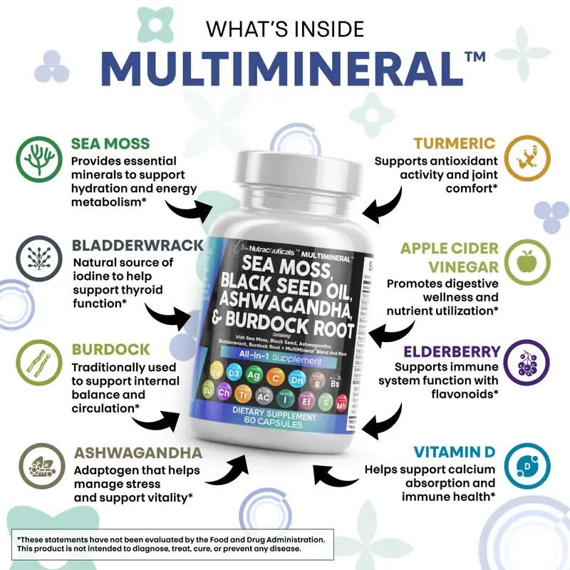 Clean Nutraceuticals Sea Moss, Black Seed Oil, Ashwagandha, Turmeric, Bladderwrack, Burdock, Vitamin C, Vitamin D3 with Elderberry Manuka Supplement Capsules – MultiMineral