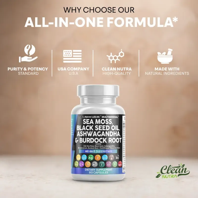 Clean Nutraceuticals Sea Moss, Black Seed Oil, Ashwagandha, Turmeric, Bladderwrack, Burdock, Vitamin C, Vitamin D3 with Elderberry Manuka Supplement Capsules – MultiMineral