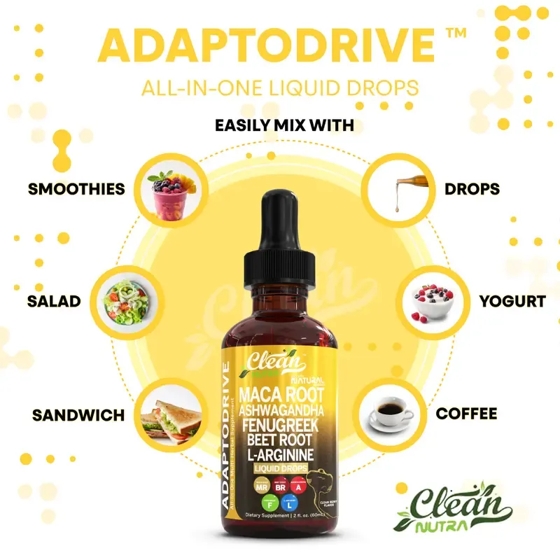 Clean Nutra Maca Root, Ashwagandha, Fenugreek, Beet Root, L-Arginine & More for Women & Men's Optimum Health Liquid Drop – Adapto Drive