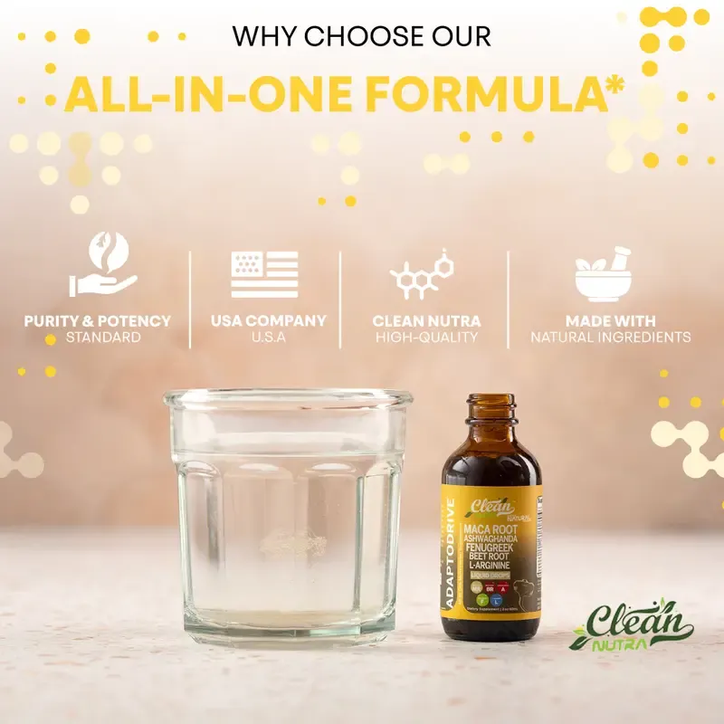 Clean Nutra Maca Root, Ashwagandha, Fenugreek, Beet Root, L-Arginine & More for Women & Men's Optimum Health Liquid Drop – Adapto Drive