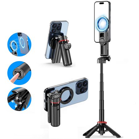 Phone holder, tripod, selfie stick, image stabilizer, extendable camera handle, magnetic shooting aid