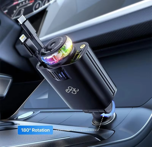 Car charger with Starry Sky Vertex cigarette adapter, super fast charging, built-in retractable cable, Apple charger.