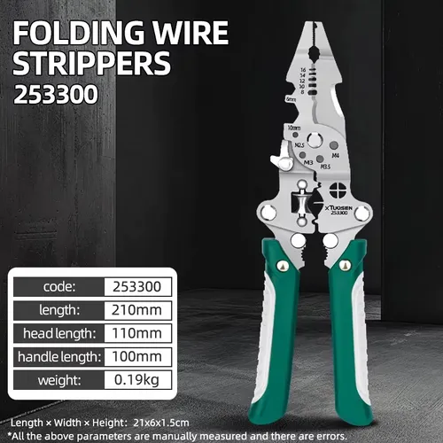 Folding wire strippers Multifunctional electrician's folding wire stripper with cutting and splitting function  The prduct comes with wire stipping holes of multiplespecifications, and the cutting edges are sharp.