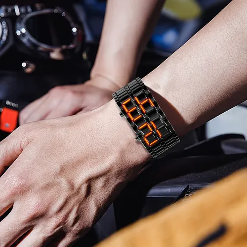 Led Digital Watch STYLISH & COOL: Unique Faceless and Power-saving design - The screen lightens to show time when you press the upper button. Hour, Minute, different operation for buttons. Easy use buckle closure is convenient aSTYLISH & COOL: Unique Faceless and Power-saving design - The screen lightens to show time when you press the upper button. Hour, Minute, Month, Date and Year can all be displayed with different operation for buttons. Easy use buckle closure is convenient and flexible