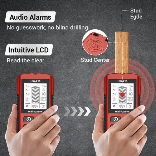 Multi-function handheld metal and wall detector 5 in 1 wall keel detector Metal Wooden keel AC voltage charged detection Wall scanner with automatic calibration Lightweight LCD screen Electric box detector PRODUCT DESCRIPTION:Quickly locate hidden wood, metal, pipes, and AC wires in your home's walls, floors, and ceilings. Works on flat surfaces, wallpaper, wood floors, acoustic ceilings, painted walls, and more. Protects you from hazards when installing TVs, shelves, cabinets, garage shelving,