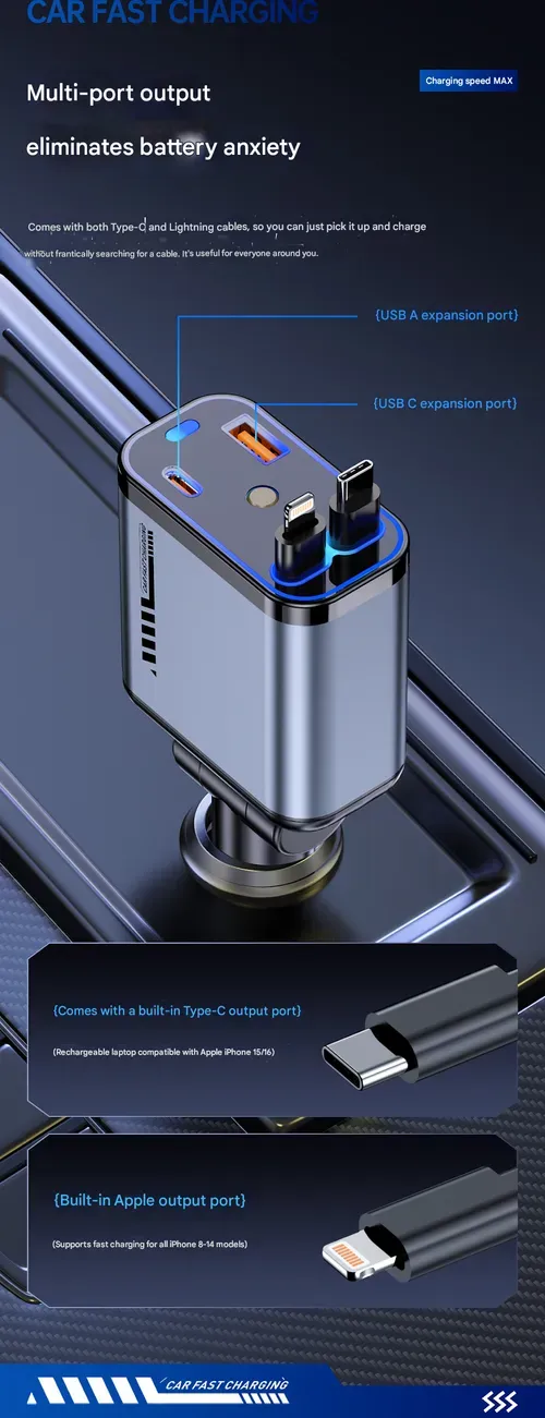 COD!!! Retractable Car Charger, starry sky ceiling projector light, 4 in 1 Fast Charging Car Charger USB-C & USB-A Compatible with iPhone 16&15&14&13&12&11,Galaxy,Pixel