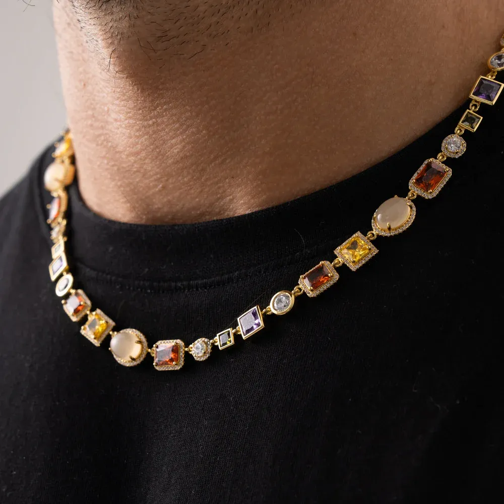 Dainty 18K Gold Plated Diamond Tennis Choker Necklace Cubic Zirconia Chain with Emerald, Ruby, and Aquamarine Gemstones for Men Bride Birthday Wedding Valentine's Day Gifts