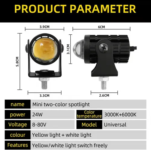 2-Pack Mini LED Driving Lamps with Switch, Dual Color High Luminance Spotlight for Trucks Super bright dual color motorcycle spotlight, yellow and white dual light, one light for two purposes, special design, with switch, easy to install, high quality aluminum material, wide range of uses. Accompany you to drive safely at any time.