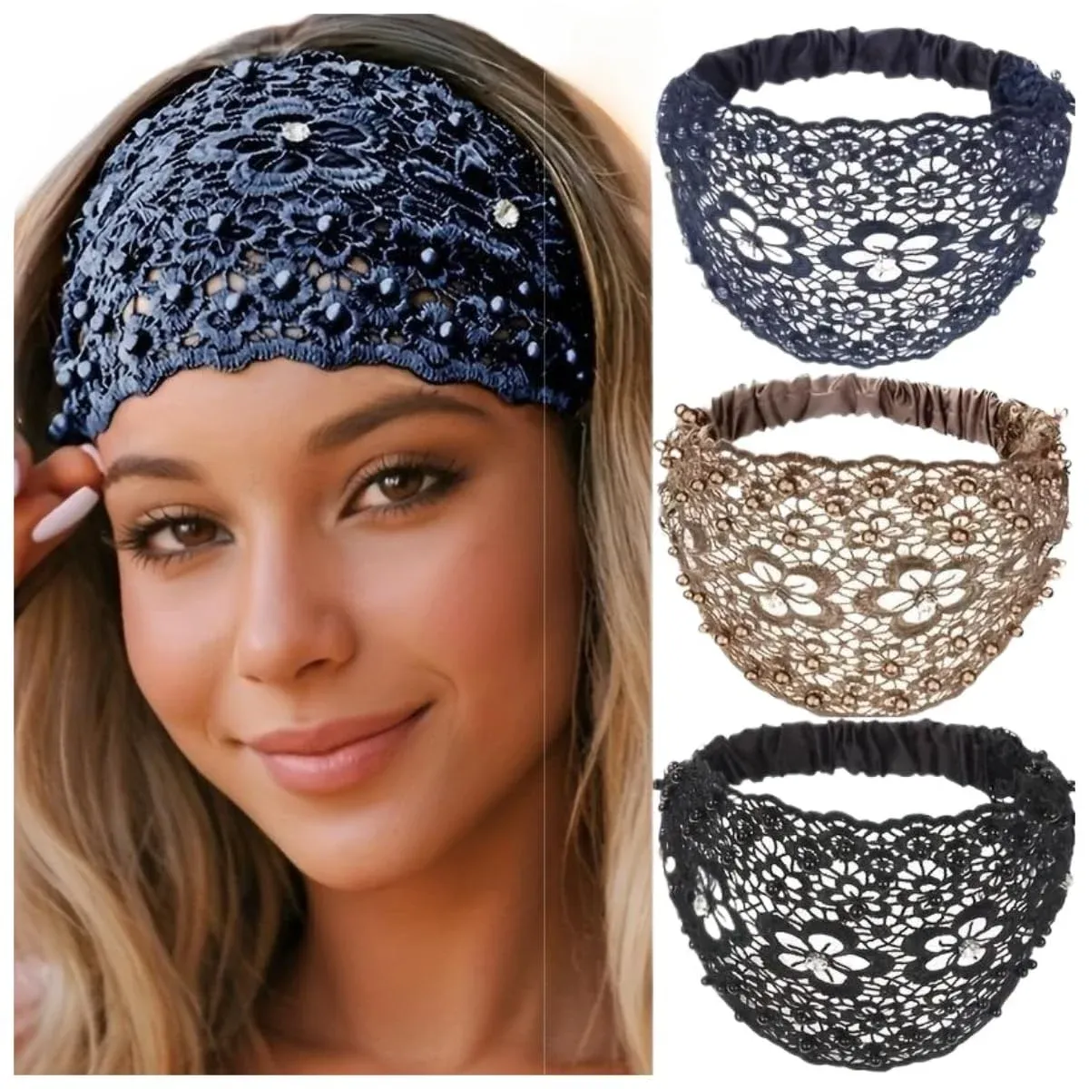 elegant women's beaded lace headbands – wide floral pattern