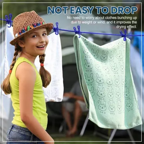 Portable clothesline for travel, camping, outdoor, indoor, tree, wall This portable travel clothesline conveniently dries your socks, undergarments, tops,swimsuit, pants, bra, towel, briefs, scarf and other clothes