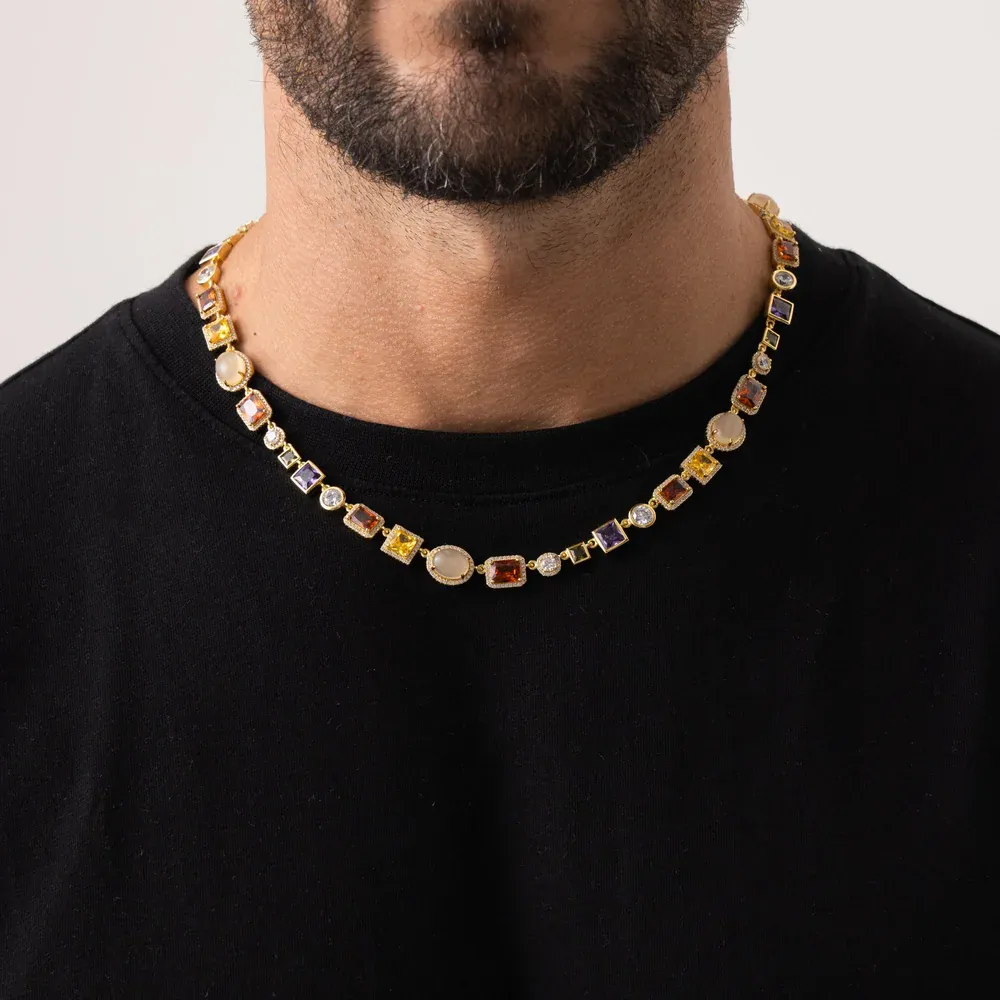 Dainty 18K Gold Plated Diamond Tennis Choker Necklace Cubic Zirconia Chain with Emerald, Ruby, and Aquamarine Gemstones for Men Bride Birthday Wedding Valentine's Day Gifts