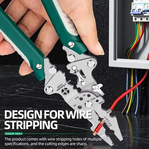 Folding wire strippers Multifunctional electrician's folding wire stripper with cutting and splitting function  The prduct comes with wire stipping holes of multiplespecifications, and the cutting edges are sharp.