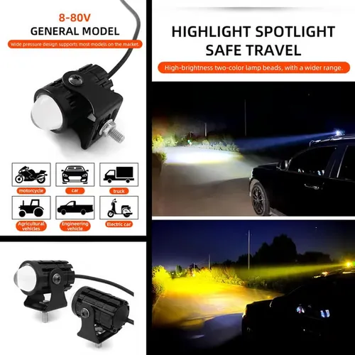 2-Pack Mini LED Driving Lamps with Switch, Dual Color High Luminance Spotlight for Trucks Super bright dual color motorcycle spotlight, yellow and white dual light, one light for two purposes, special design, with switch, easy to install, high quality aluminum material, wide range of uses. Accompany you to drive safely at any time.