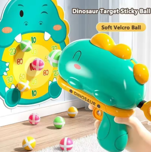 Kids Cartoon Dinosaur Sticky Ball Gun Toys Catapult Target Dart Board Shoot Sport Softball Interactive for Boys Girls Gift