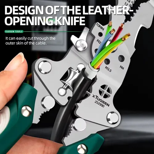 Folding wire strippers Multifunctional electrician's folding wire stripper with cutting and splitting function  The prduct comes with wire stipping holes of multiplespecifications, and the cutting edges are sharp.
