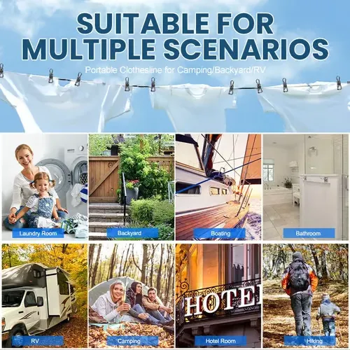 Portable clothesline for travel, camping, outdoor, indoor, tree, wall This portable travel clothesline conveniently dries your socks, undergarments, tops,swimsuit, pants, bra, towel, briefs, scarf and other clothes