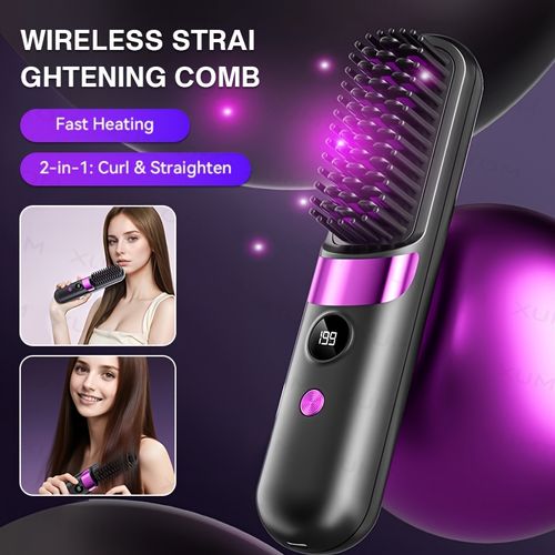 Portable hair straightener curling iron multifunctional styling brush 4 temp adjustment led display usb charging