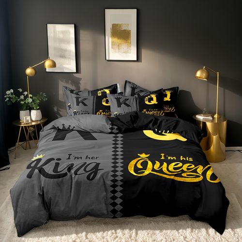 King Queen Crown Printed 3 Piece Duvet Cover Set Soft breathable polyester washable bedding Perfect gift for family and friends 220x240cm without inner quilt