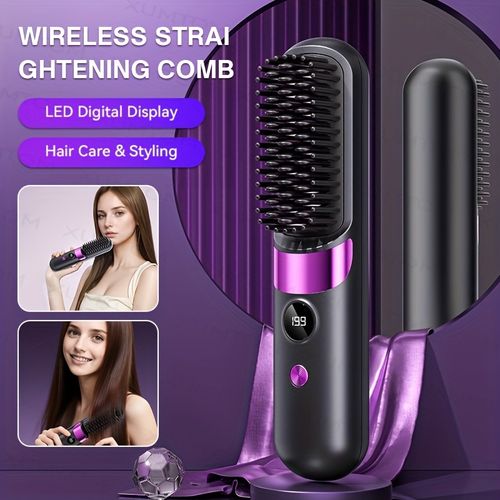 Portable hair straightener curling iron multifunctional styling brush 4 temp adjustment led display usb charging