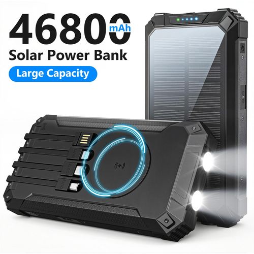 46800mAh Solar Power Bank Wireless Charger Built in 4 Cables 6 Output Ports 15W Fast Charging Dual Flashlights for All Mobile Devices
