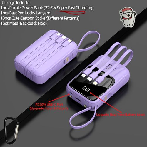 Cute Mini 10000mAh Power Bank Fast Charging With Built In Four Cables Digital Display LED Light Portable Outdoor Phone Charger Compatible Multi Speed Charging