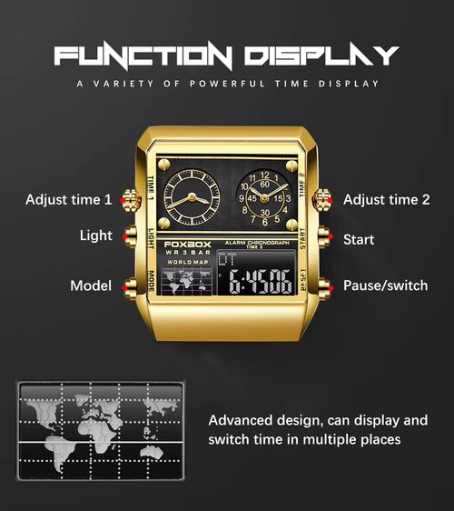 Relógio masculino com dupla exibição, com senso de elegância, multifuncional, relógio eletrônico quadrado, relógio de carisma moderno, relógio de quartzito masculino, relógio com pulseira de aço inoxidável
