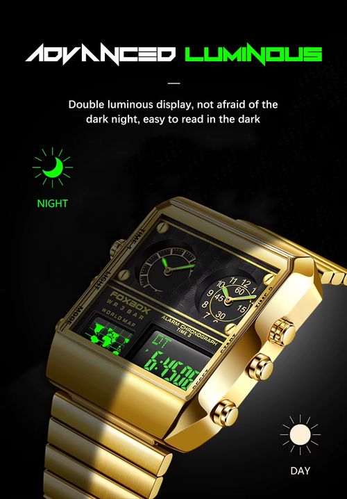 Relógio masculino com dupla exibição, com senso de elegância, multifuncional, relógio eletrônico quadrado, relógio de carisma moderno, relógio de quartzito masculino, relógio com pulseira de aço inoxidável