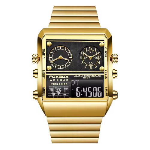 Relógio masculino com dupla exibição, com senso de elegância, multifuncional, relógio eletrônico quadrado, relógio de carisma moderno, relógio de quartzito masculino, relógio com pulseira de aço inoxidável