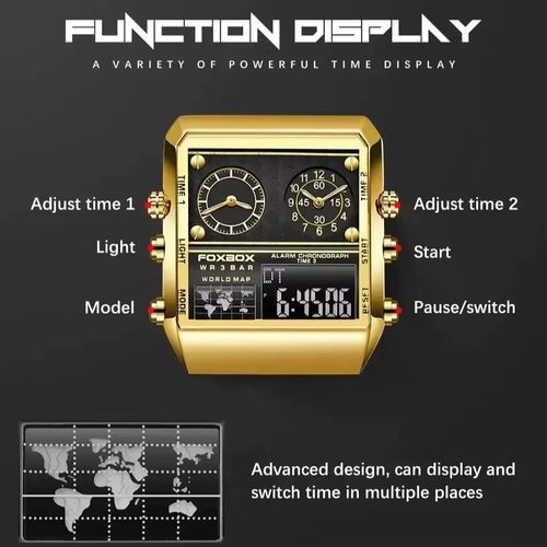 Relógio masculino com dupla exibição, com senso de elegância, multifuncional, relógio eletrônico quadrado, relógio de carisma moderno, relógio de quartzito masculino, relógio com pulseira de aço inoxidável