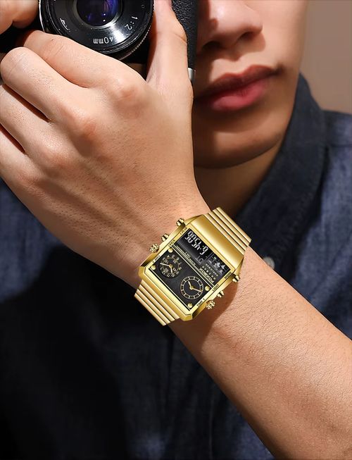 Relógio masculino com dupla exibição, com senso de elegância, multifuncional, relógio eletrônico quadrado, relógio de carisma moderno, relógio de quartzito masculino, relógio com pulseira de aço inoxidável