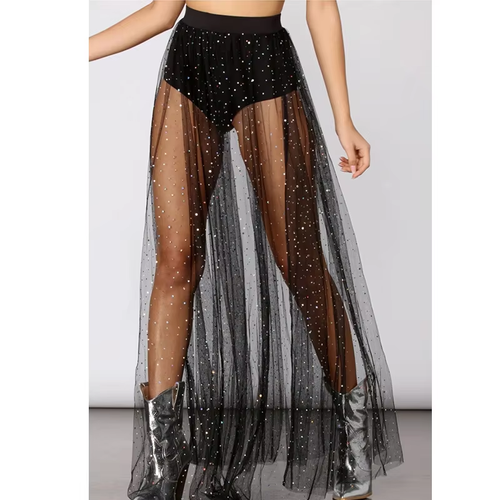 High Waist Mesh Sexy Fashion Women's Skirts Mesh Elegant Casual Long Split Skirt 2025 Summer Clothes