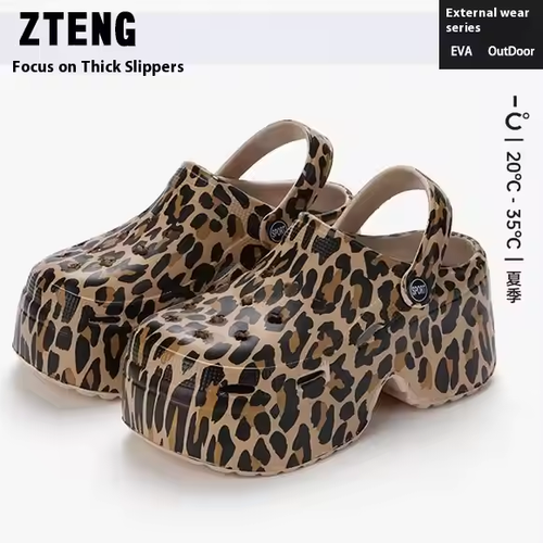 Increased Height Thick-soled Leopard Print Holey Slippers, Fashionable Non-slip Summer New Style for 2025