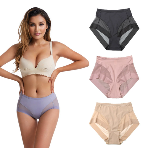 Mid-waist women's transparent mesh briefs, waist and abdomen comfortable ice silk women's underwear large size, buy 1 get 3 free