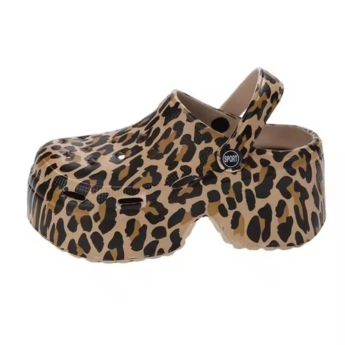 Increased Height Thick-soled Leopard Print Holey Slippers, Fashionable Non-slip Summer New Style for 2025