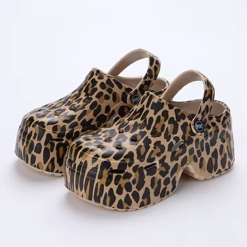 Increased Height Thick-soled Leopard Print Holey Slippers, Fashionable Non-slip Summer New Style for 2025