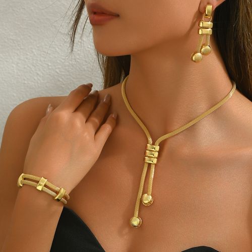 18k Electroplated Long Necklace Geometric Tassel Earrings Bracelet Women Party Wedding Gift Jewelry Set