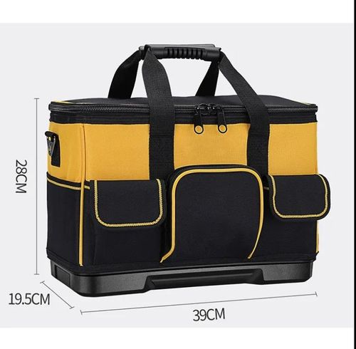 The 18-inch tool kit is large, heavy-duty, wide-mouthed, waterproof, with a sturdy molded base and adjustable shoulder straps. It is perfect for organizing industrial tools, requires no assembly and no power supply
