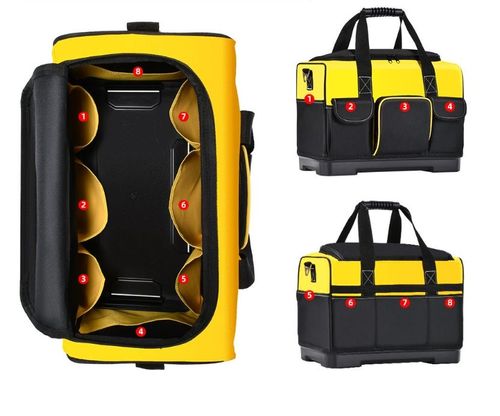 The 18-inch tool kit is large, heavy-duty, wide-mouthed, waterproof, with a sturdy molded base and adjustable shoulder straps. It is perfect for organizing industrial tools, requires no assembly and no power supply