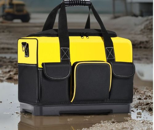The 18-inch tool kit is large, heavy-duty, wide-mouthed, waterproof, with a sturdy molded base and adjustable shoulder straps. It is perfect for organizing industrial tools, requires no assembly and no power supply