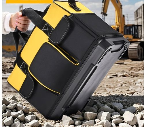 The 18-inch tool kit is large, heavy-duty, wide-mouthed, waterproof, with a sturdy molded base and adjustable shoulder straps. It is perfect for organizing industrial tools, requires no assembly and no power supply