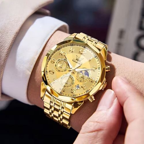 Mens Steel Quartz Watches With Multifunctional Chronograph Waterproof Luminous Moon Phase Watch Men Gifts Vintage