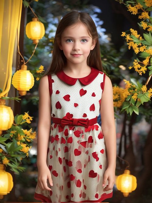 Children's Heart Printed Tulle Evening Dress