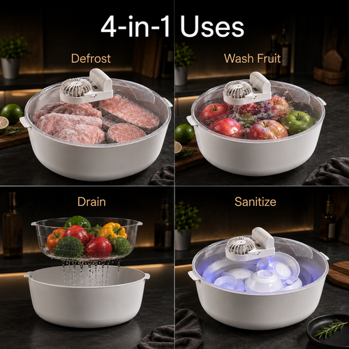 🔥HOT SALE🔥COD! Fast Thawing 4-in-1 Meat Defroster Tray with UV Sterilization, Drainage Design, No-Mess Kitchen Ice Melter for Frozen Meat & Seafood