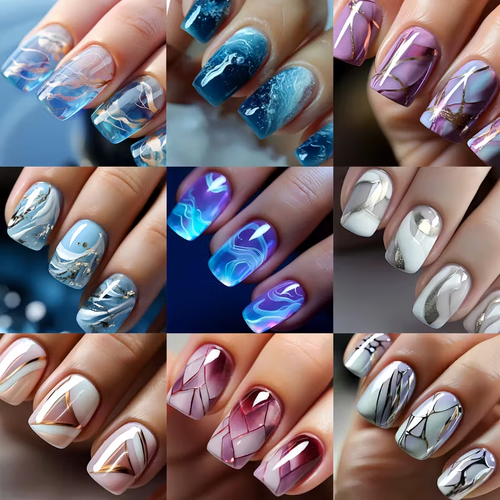 216pcs Press-On Nail Set, Mixed Color Ballet Shape Medium Length, Glossy Finish with Stripe & Gradient Patterns, Reusable Fake Nails Combo Pack