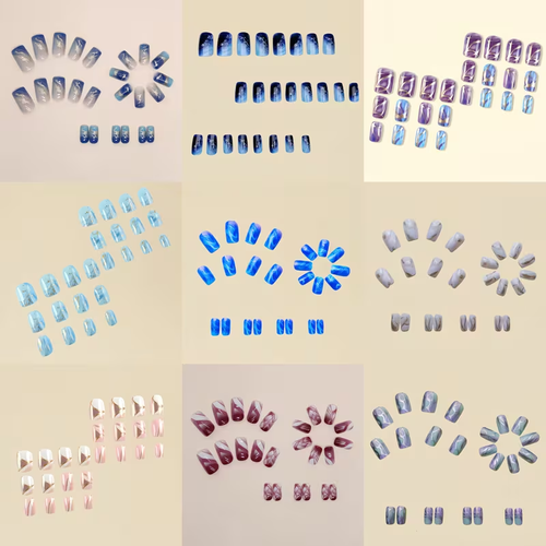 216pcs Press-On Nail Set, Mixed Color Ballet Shape Medium Length, Glossy Finish with Stripe & Gradient Patterns, Reusable Fake Nails Combo Pack