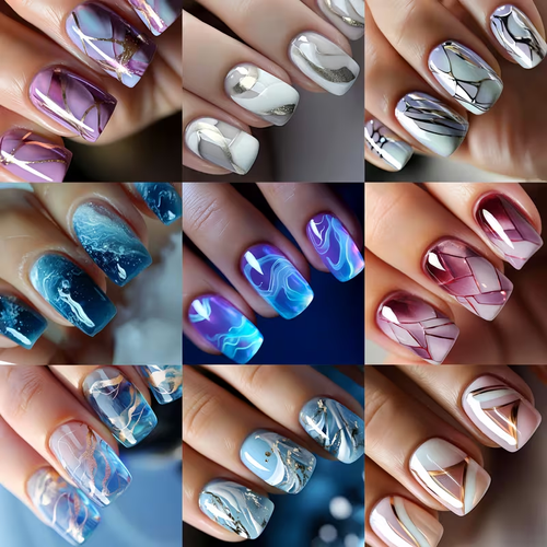 216pcs Press-On Nail Set, Mixed Color Ballet Shape Medium Length, Glossy Finish with Stripe & Gradient Patterns, Reusable Fake Nails Combo Pack