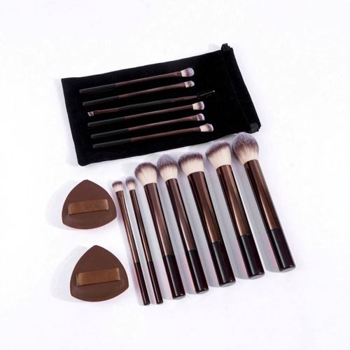 13 brown aluminum tube makeup brushes set + cloth bag + 2 brown triangle brushes