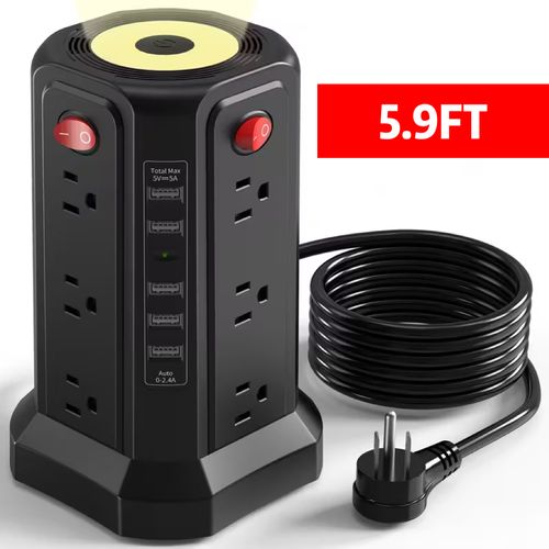 New product: 12-socket AC power strip with flat plugs for USB USB-C ports, surge-protected power strip with 4 USB charging ports, desktop power strip with extension cord, and night light.